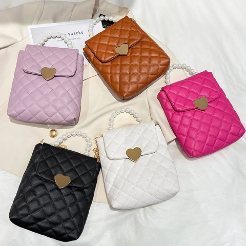 Women Crossbody Bag PU Leather Quilted Heart Lock Artificial Pearl Handle Fashion Small Shoulder Bag Gold Chain Strap