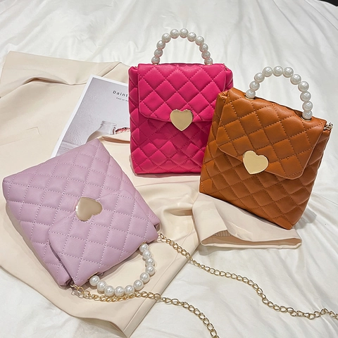 Women Crossbody Bag PU Leather Quilted Heart Lock Artificial Pearl Handle Fashion Small Shoulder Bag Gold Chain Strap