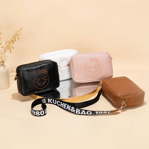 Women PU Leather Crossbody Bag Halloween Pumpkin Embroidery Wide Letter Strap Casual Fashion Small Square Purse