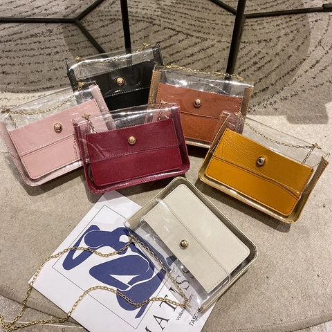 Transparent PVC Shoulder Bag With PU Leather Inner Pouch Gold Metal Chain Strap Crossbody Small Square Handbag Women