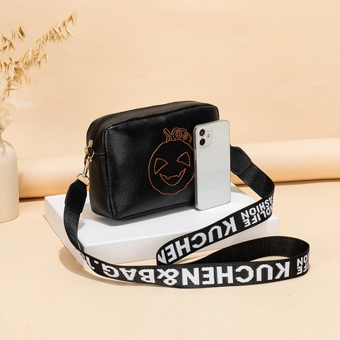Women PU Leather Crossbody Bag Halloween Pumpkin Embroidery Wide Letter Strap Casual Fashion Small Square Purse
