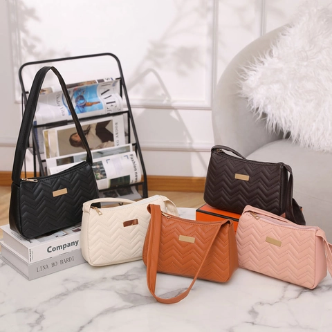 Women PU Leather Chevron Stitched Underarm Bag Elegant Quilted Baguette Shoulder Bag With Gold Metal Plaque Minimalist