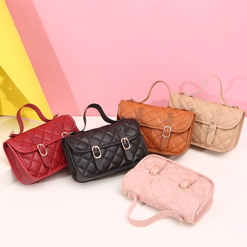Quilted PU Leather Handbag For Women Retro Rhombic Square Crossbody Bag With Wide Alphabet Pattern Strap Flap Double Buckles