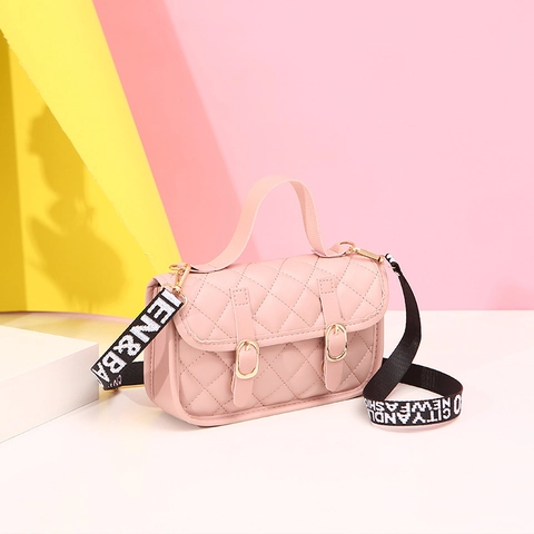 Women Quilted PU Leather Handbag Fashion Small Square Crossbody Bag With Wide Letter Strap Double Buckles Trendy