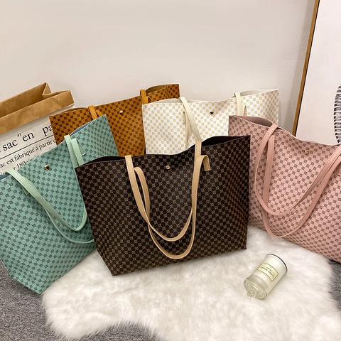 Retro Geometrische Print Tote Bag En Pouch PU Leer Grote Capaciteit Dames Schouder Handtas Vintage Stijl