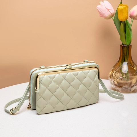 Women Long Quilted PU Leather Cell Phone Wallet Bag With Kiss Lock Clasp Zipper Double Layer Crossbody Shoulder Bag