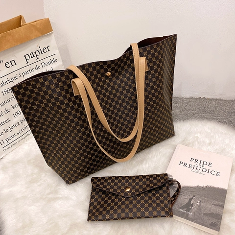 Retro Geometrische Print Tote Bag En Pouch PU Leer Grote Capaciteit Dames Schouder Handtas Vintage Stijl