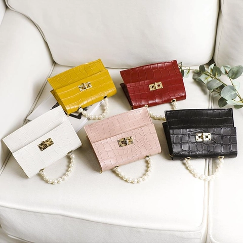 Mini Handbag PU Leather Crocodile Pattern Artificial Pearl Handle Chain Shoulder Strap Crossbody Bag Elegant Fashion For Women