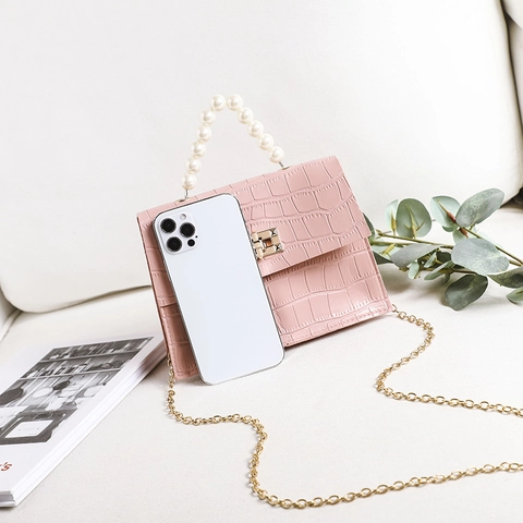 Mini Handbag PU Leather Crocodile Pattern Artificial Pearl Handle Chain Shoulder Strap Crossbody Bag Elegant Fashion For Women