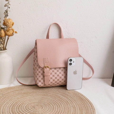 Women Mini Backpack PU Leather Vintage Monogram Plaid Print Flip Top Buckle Shoulder Bag School Travel