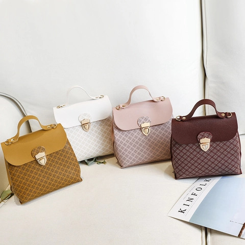 Women Vintage Printed PU Leather Handbag Contrast Color Shoulder Crossbody Bag With Heart Lock Fashion Daily Purse