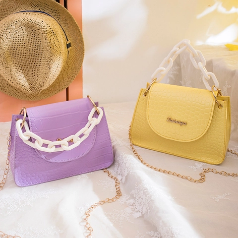 Women Crocodile Pattern Crossbody Bag PU Leather White Acrylic Chain Metal Strap Small Square Flap Handbag