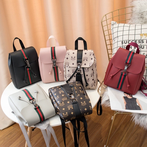 Mini Zaino Donna Pelle PU Coulisse Fibbia Vintage Motivo Monogramma Cinghia A Righe Moda Borsa Da Viaggio Casual
