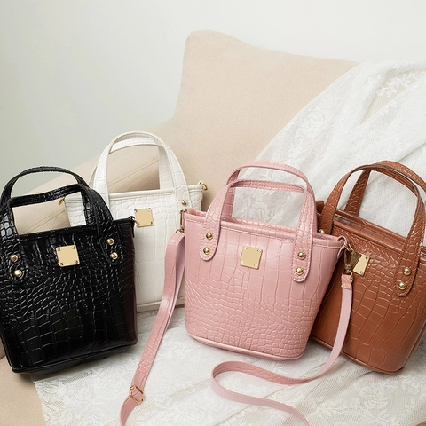 Crocodile Pattern Bucket Bag PU Leather Top Handle Crossbody Handbag Mini Elegant Fashionable Versatile For Women