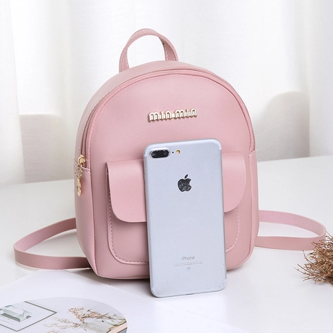 Mini Zaino Donna Pelle PU Moda Piccola Borsa Scuola Con Tasca Frontale Logo Metallo Spallacci Regolabili Quotidiano