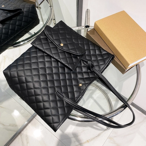 Quilted Tote Bag PU Leather Large Capacity Diamond Pattern With Matching Pouch Shoulder Handbag For Women Daily Travel