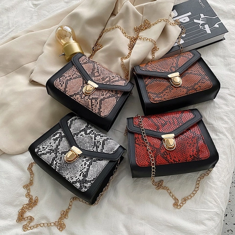 Small Square Crossbody Bag PU Leather Snakeskin Pattern Gold Chain Strap Metal Lock Fashion For Women