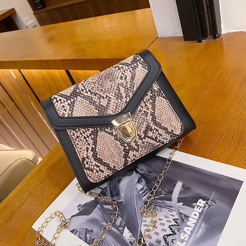 Small Square Crossbody Bag PU Leather Snakeskin Pattern Gold Chain Strap Metal Lock Fashion For Women