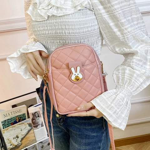 Women Quilted PU Leather Crossbody Bag Mini Cell Phone Shoulder Purse With Cute Rabbit Metal Lock Sweet Style