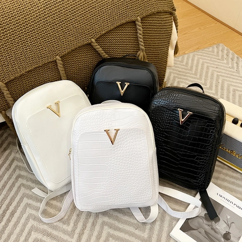 Mode Rucksack PU Leder Krokodil Prägung Lässig Reisetasche Frauen Mädchen Elegant Metall V Dekoration