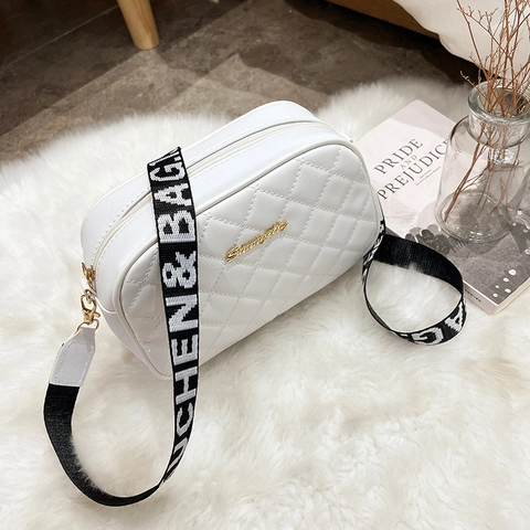 Women PU Leather Rhombus Quilted Crossbody Bag With Wide Letter Print Strap Gold Tone Hardware Stylish Camera Bag