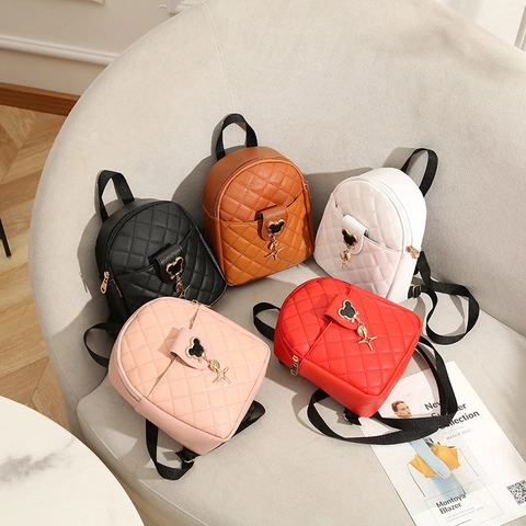 Women Mini Backpack PU Leather Quilted Pattern Fashion Small Travel Bag Cartoon Silhouette Decor Adjustable Straps