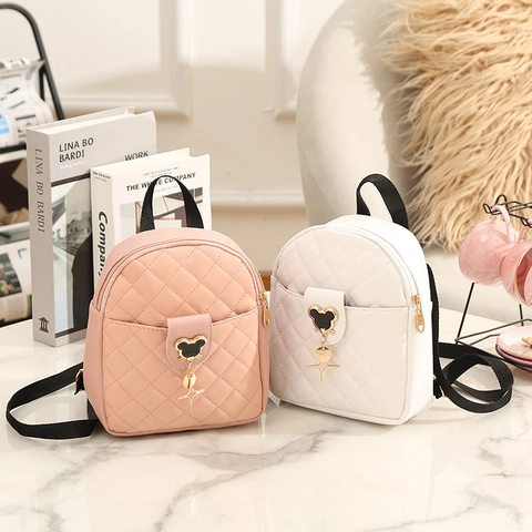 Women Mini Backpack PU Leather Quilted Pattern Fashion Small Travel Bag Cartoon Silhouette Decor Adjustable Straps