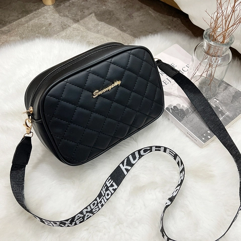 Women Crossbody Bag PU Leather Rhombus Quilted Square Camera Bag Wide Letter Strap Fashionable Urban Style