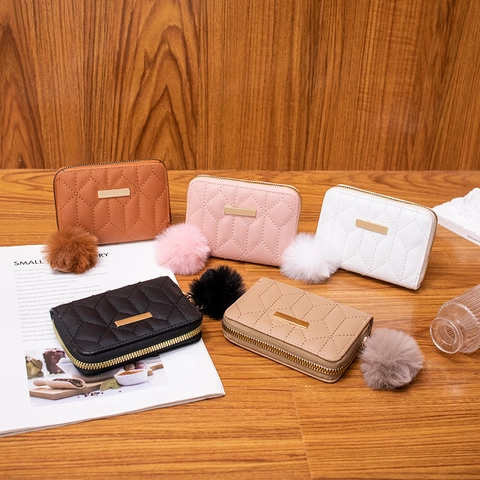 Small Quilted PU Leather Wallet Women Zip Around Mini Purse With Plush Ball Pendant Multi Card Slots Stylish Handbag