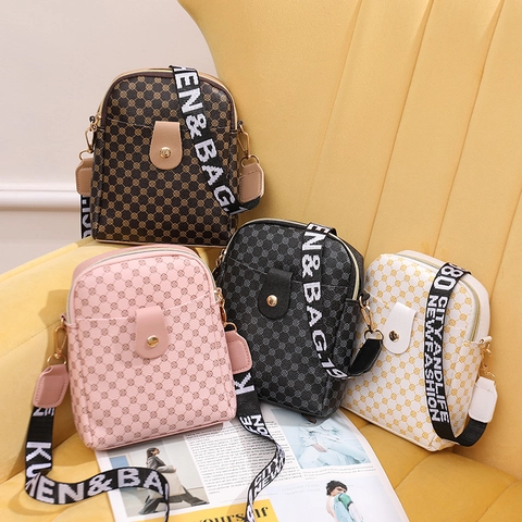 Women Mini Crossbody Bag Retro Monogram PU Leather Small Shoulder Phone Purse With Wide Webbing Strap Fashion Casual Messenger