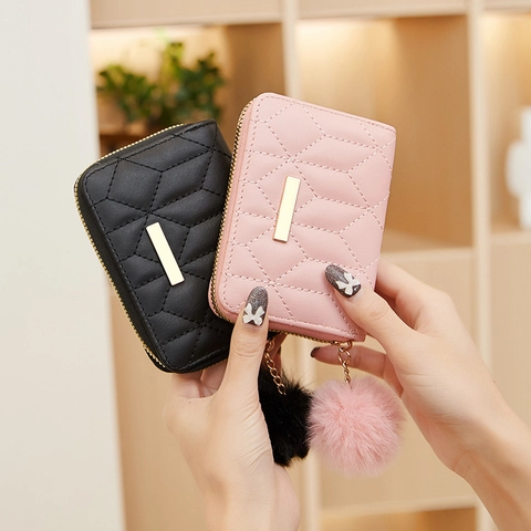 Small Quilted PU Leather Wallet Women Zip Around Mini Purse With Plush Ball Pendant Multi Card Slots Stylish Handbag