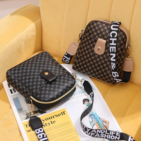 Women Mini Crossbody Bag Retro Monogram PU Leather Small Shoulder Phone Purse With Wide Webbing Strap Fashion Casual Messenger