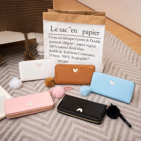 Women Long Wallet Patent PU Leather Mirror Effect Zip Around Clutch Bag With Butterfly Decor And Pom Pom Keychain Wristlet