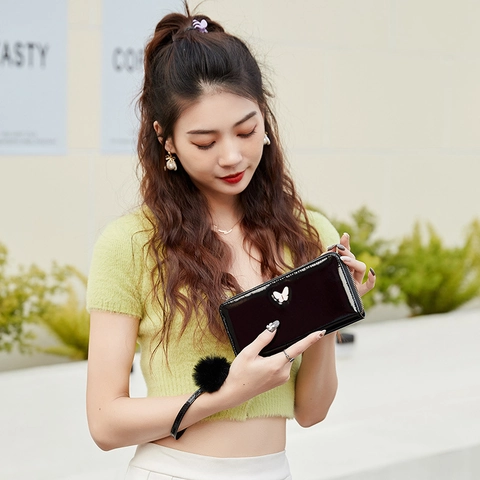 Women Long Wallet Patent PU Leather Mirror Effect Zip Around Clutch Bag With Butterfly Decor And Pom Pom Keychain Wristlet