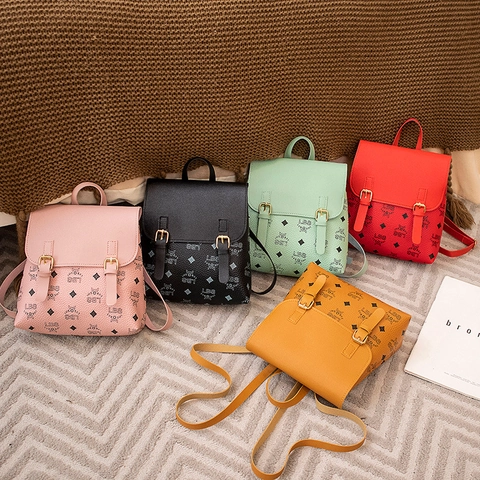 Women Fashion Mini Backpack PU Leather Monogram Print Flip Cover Decorative Buckles Small Travel School Bag For Girls Ladies