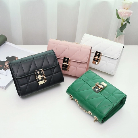 Dames Gewatteerde Crossbodytas PU Leer Ruitpatroon Metalen Ketting Kleine Vierkante Schoudertas Met Slot