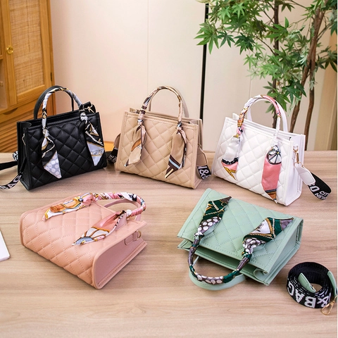 Women Quilted Rhombus PU Leather Handbag With Satin Scarf Handle Wide Lettered Strap Fashion Small Square Crossbody Bag