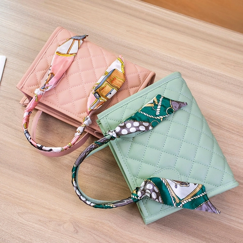 Women Quilted Handbags PU Leather Diamond Lattice With Satin Scarf Handle And Wide Letter Fabric Shoulder Strap Square