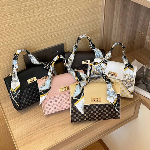 Women Vintage PU Leather Patchwork Crossbody Bag With Silk Scarf Decor Handbag Metal Lock Chain Strap Small Square Bag