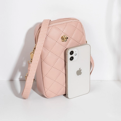 Sac Bandoulière Pour Téléphone Portable Cuir PU Matelassé Décoration Fleur Dorée Bandoulière Réglable Mini Sac Femme