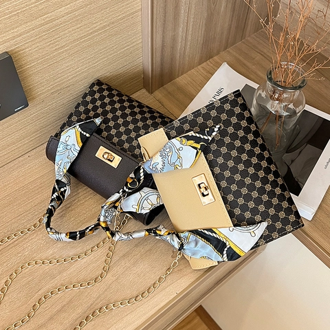 Sac À Bandoulière Vintage Pour Femme Cuir PU Imprimé Géométrique Petit Sac Carré Avec Poignée En Foulard De Satin Et Chaîne