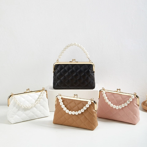 Women Quilted PU Leather Handbag With Artificial Pearl Handle Golden Chain Strap Kiss Lock Evening Bag Elegant Clutch