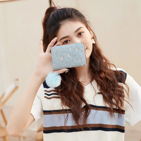Floral Embroidery Women Short Wallet PU Leather Zipper Coin Purse With Pom Pom Pendant Elegant Cute Card Holder