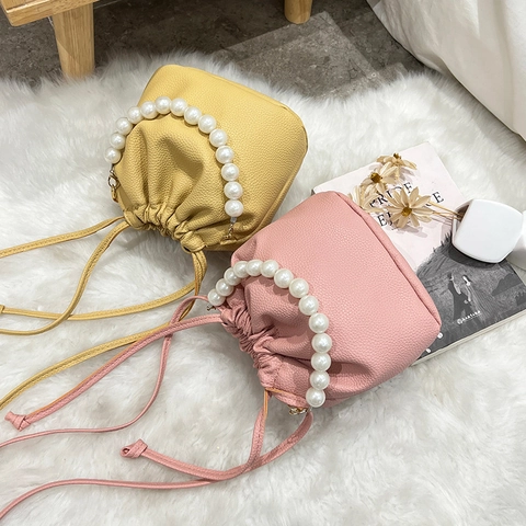 Women PU Leather Bucket Bag With Large Artificial Pearl Handle Drawstring Closure Lychee Pattern Crossbody Handbag