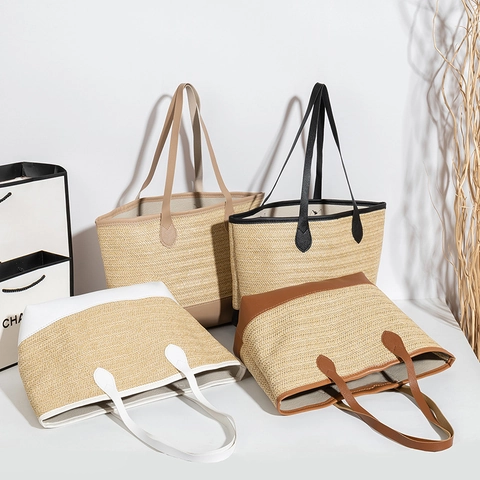 Damen Stroh Gewebte Tote Bag Kontrast PU Leder Große Kapazität Schulter Handtasche Für Sommer Strand Urlaub