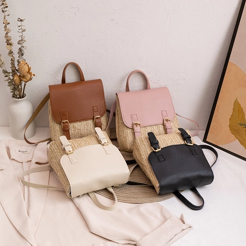 Πλεκτή Τσάντα Πλάτης Από Άχυρο Patchwork PU Δέρμα Μίνι Casual Διακοπές Μποέμ Παραλία Καλοκαίρι Για Γυναίκες Λειτουργική Ελαφριά