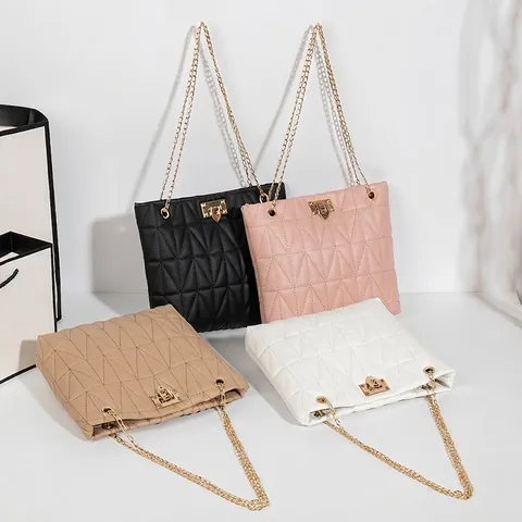 Sac Bandoulière Matelassé Femmes Cuir PU Géométrique Chaîne Sac À Épaule Fourre-Tout Avec Fermoir À Tourniquet Doré
