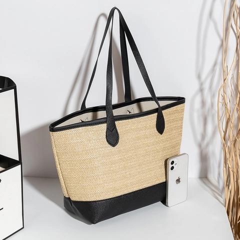 Damen Stroh Gewebte Tote Bag Kontrast PU Leder Große Kapazität Schulter Handtasche Für Sommer Strand Urlaub