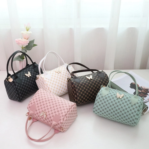 Women PU Leather Handbag Retro Monogram Print Butterfly Decor Boston Bag Mini Crossbody Detachable Strap Elegant Purse