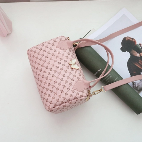 Women PU Leather Handbag Retro Monogram Print Butterfly Decor Boston Bag Mini Crossbody Detachable Strap Elegant Purse